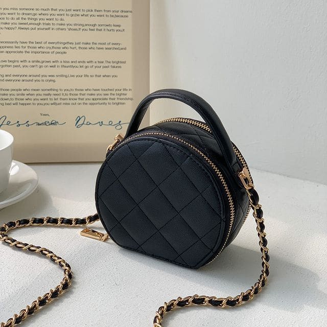 Faux Leather Quilted Round Crossbody Bag - Black / One Size