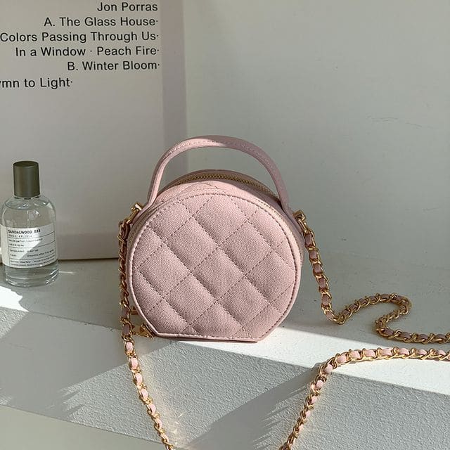 Faux Leather Quilted Round Crossbody Bag - Pink / One Size