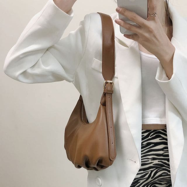 Faux Leather Shirred Crossbody Bag