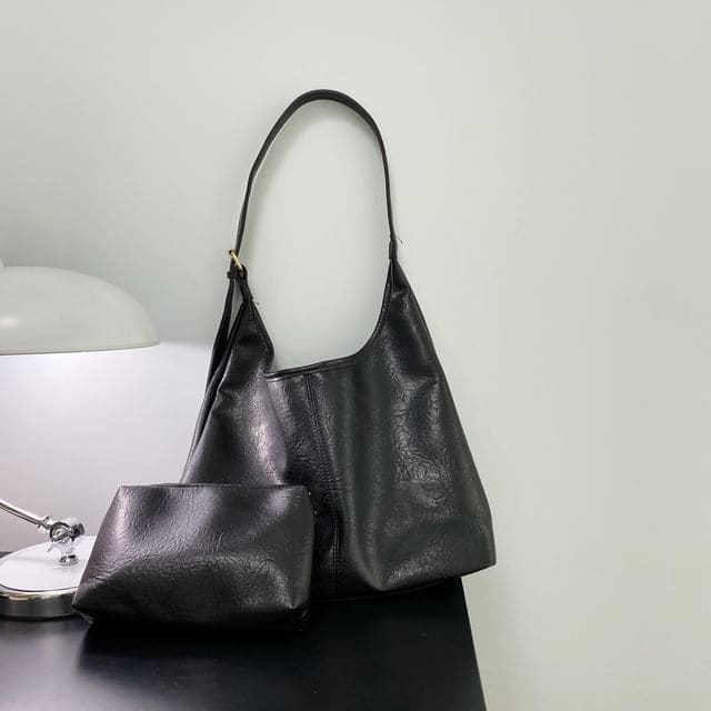 Faux Leather Tote Bag / Pouch / Set - Pouch - Black