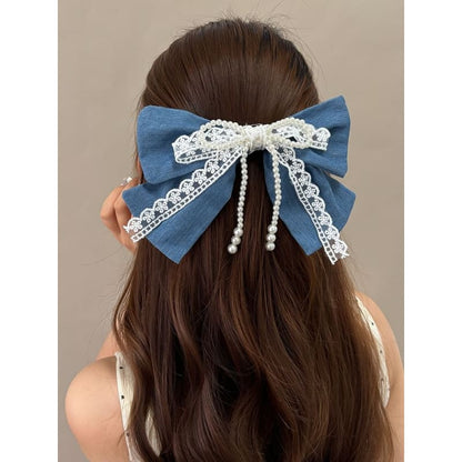 Faux Pearl Beaded Bow Hair Clip