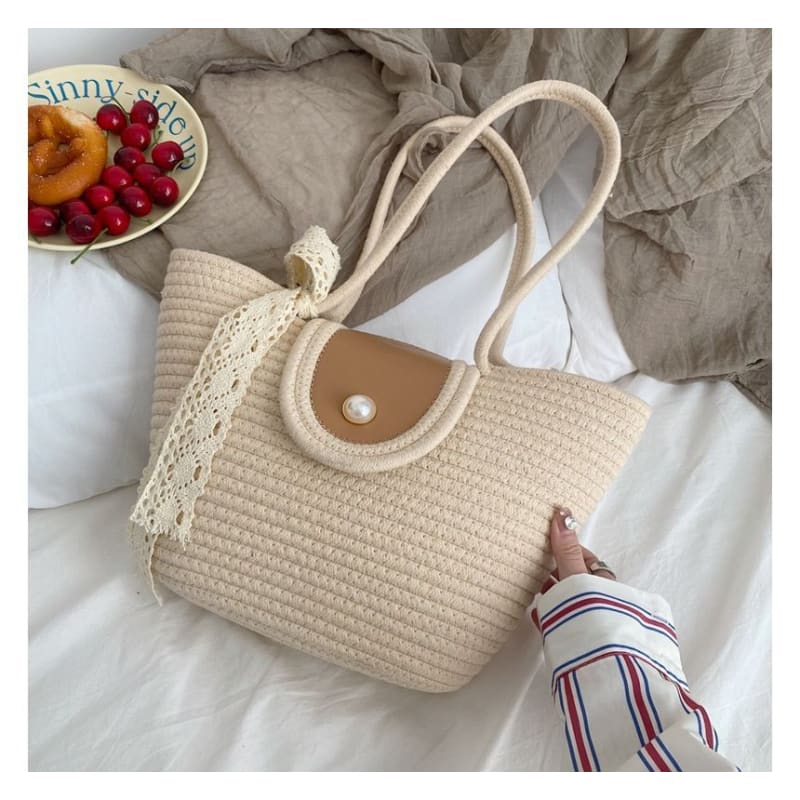 Faux Pearl Buttoned Woven Tote Bag