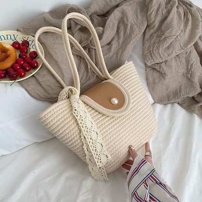 Faux Pearl Buttoned Woven Tote Bag - White / One Size