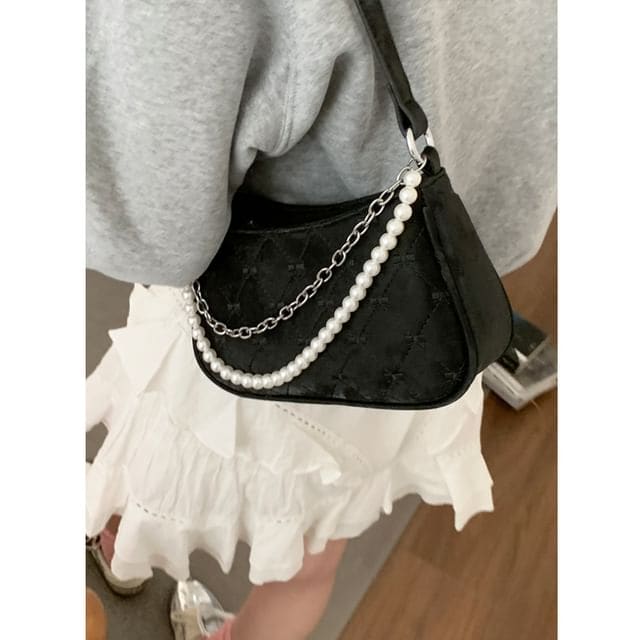 Faux Pearl Chain Shoulder Bag - Black / One Size