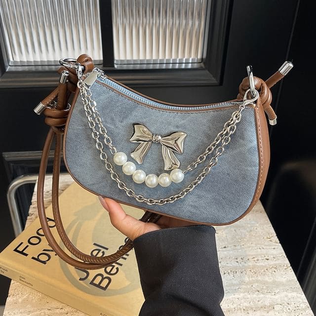 Faux Pearl Chained Bow Shoulder Bag