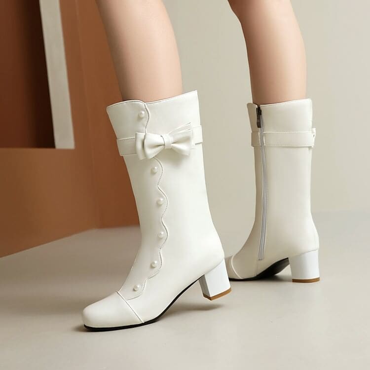 Faux Pearl Chunky Heel Mid