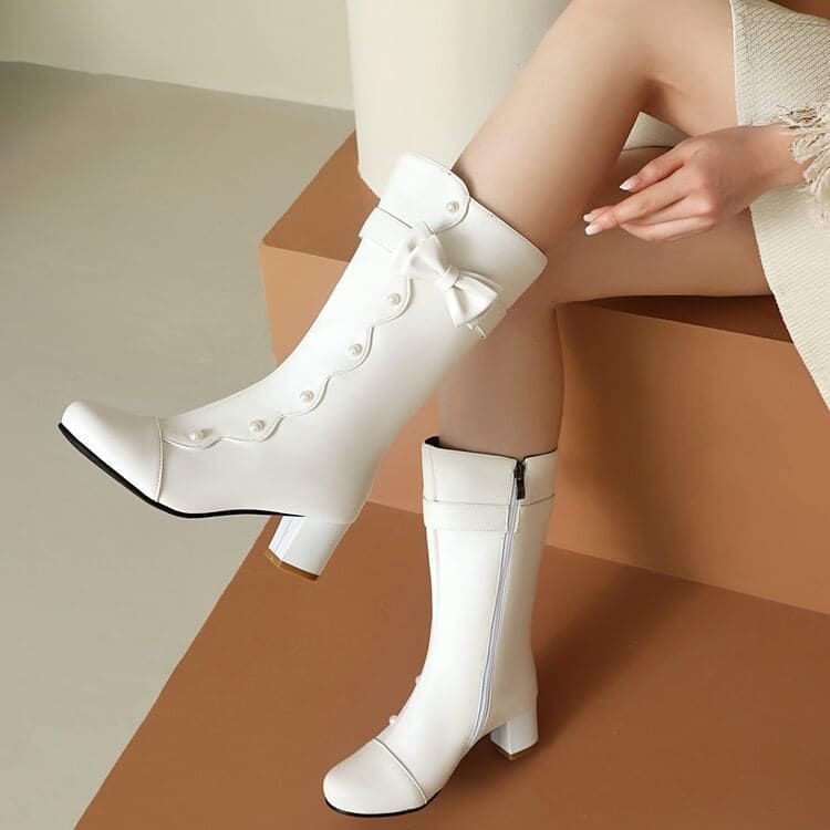 Faux Pearl Chunky Heel Mid