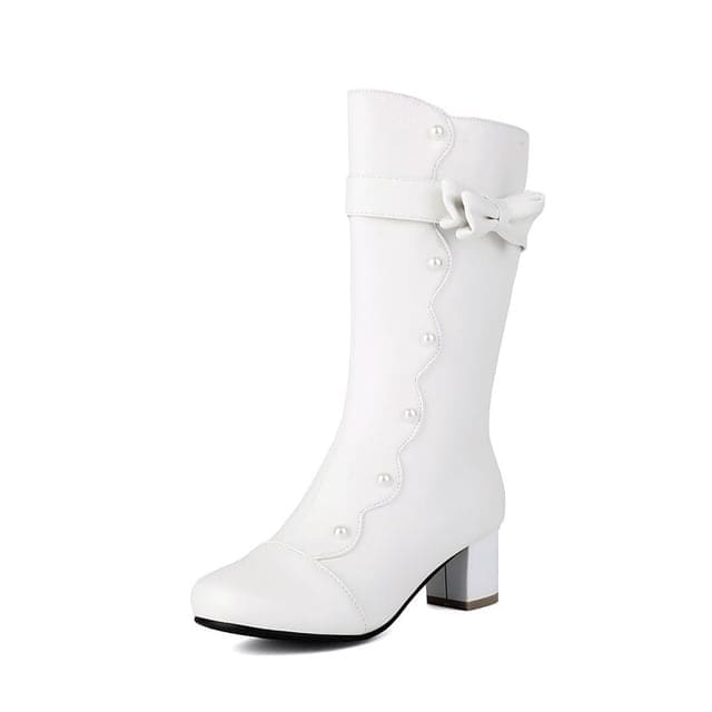 Faux Pearl Chunky Heel Mid - White / 34