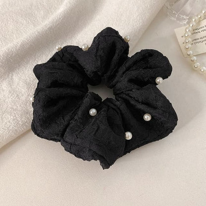 Faux Pearl Fabric Scrunchie - 730 - Black / One Size