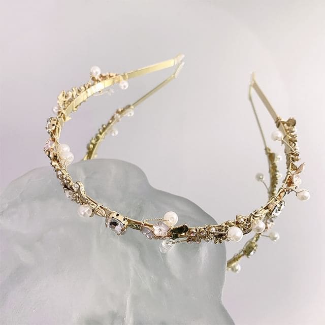 Faux Pearl Floral Headband - B1244 - Branch - Gold