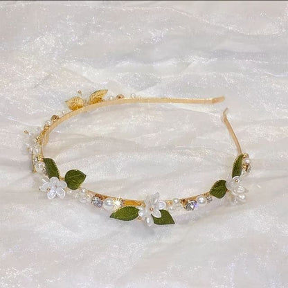 Faux Pearl Floral Headband - B1245 - Big Leaves - Gold