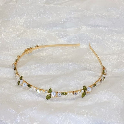 Faux Pearl Floral Headband - B1246 - Small Leaves - Gold