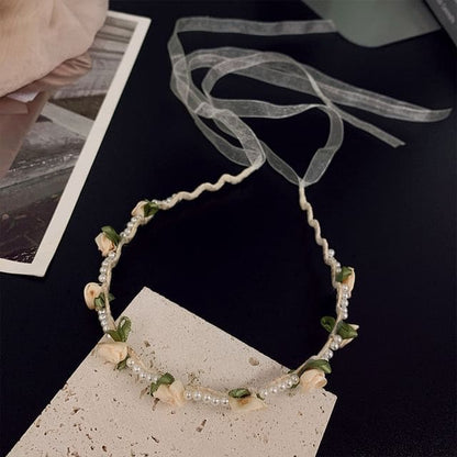 Faux Pearl Floral Headband - HM0333 - Green Leaves - White