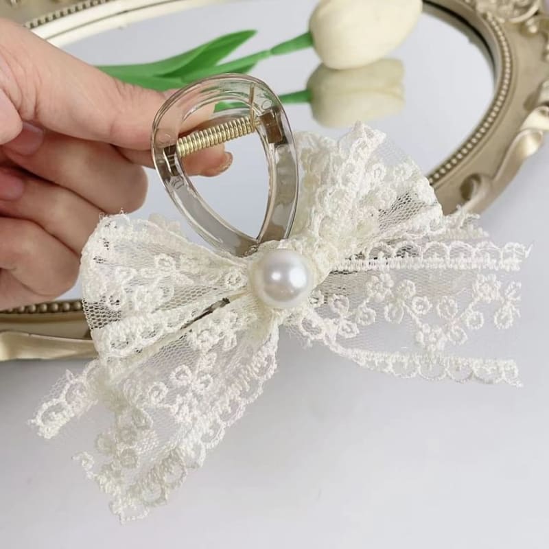 Faux Pearl Lace Bow Hair Claw