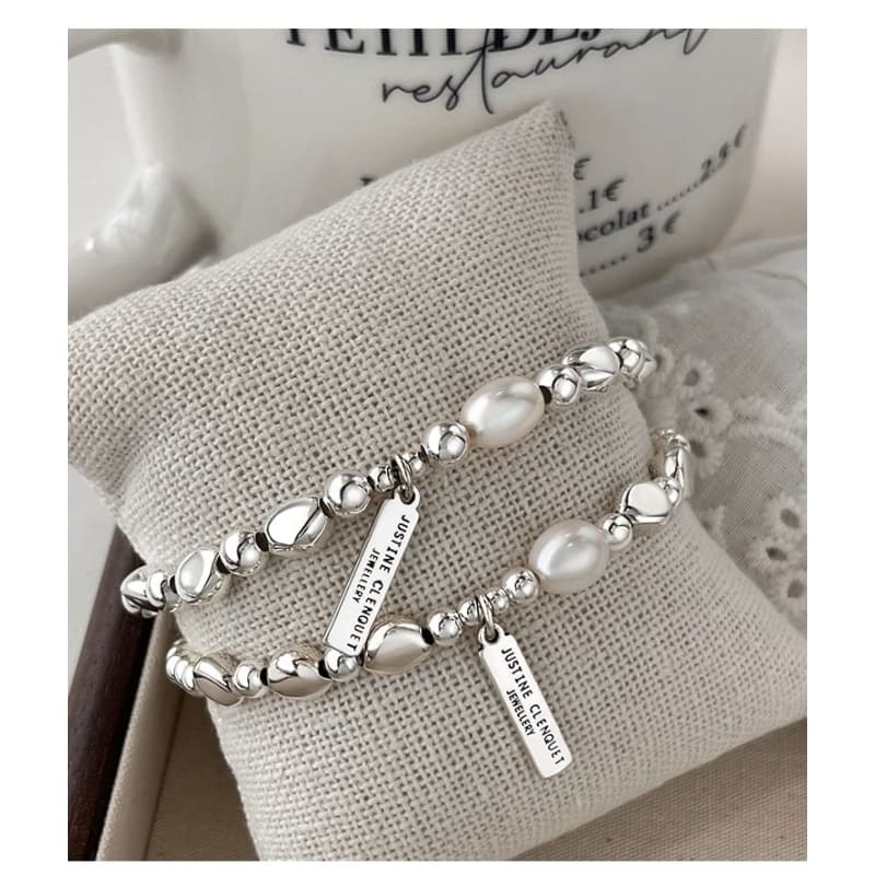 Faux Pearl Lettering Plate Bracelet