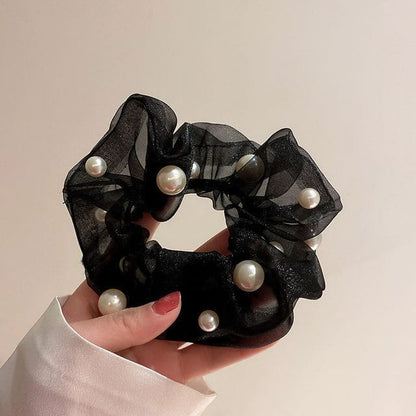 Faux Pearl Organza Scrunchie - 546 - Black / One Size