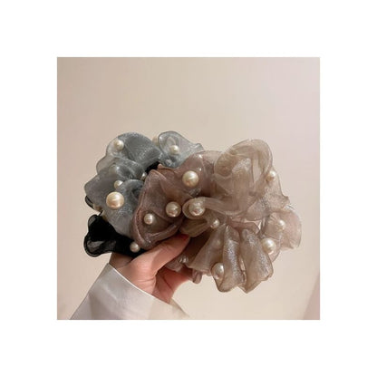 Faux Pearl Organza Scrunchie - 546 - Black / One Size