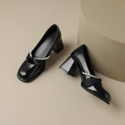 Faux Pearl Patent Leather Block Heel Pumps