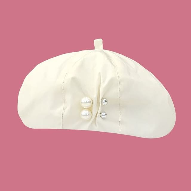 Faux Pearl Pin Beret - Off-White / One Size