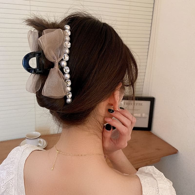 Faux Pearl Rhinestone Bow Hair Claw