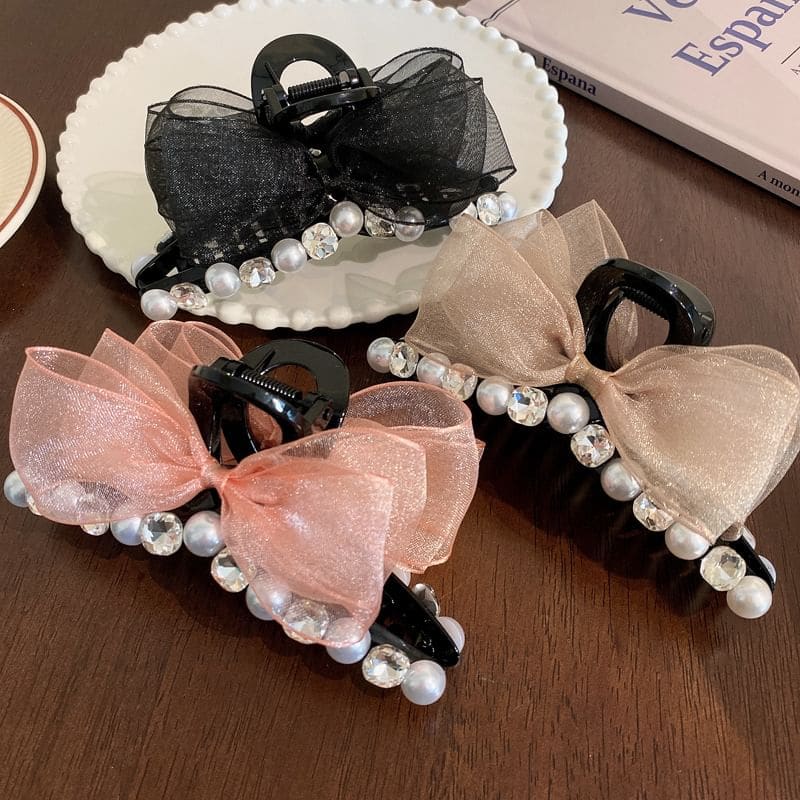 Faux Pearl Rhinestone Bow Hair Claw