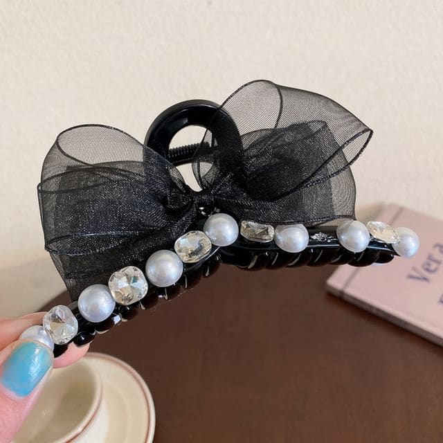 Faux Pearl Rhinestone Bow Hair Claw - Black / One Size