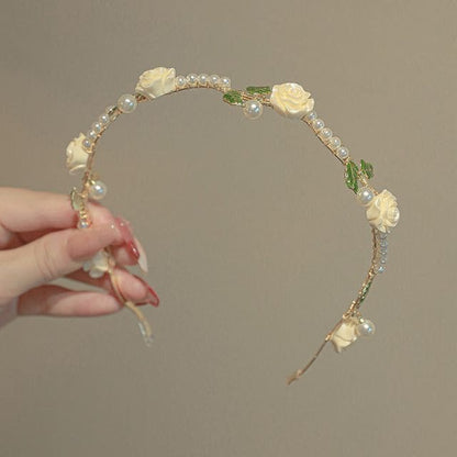 Faux Pearl Rose Headband - Beige / One Size