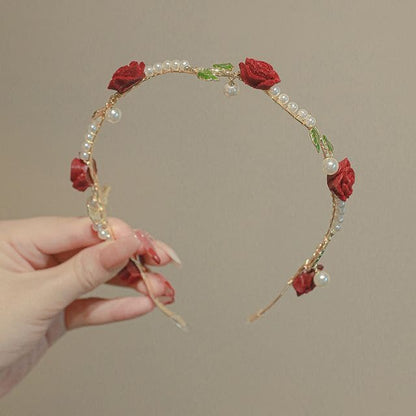 Faux Pearl Rose Headband - Red / One Size