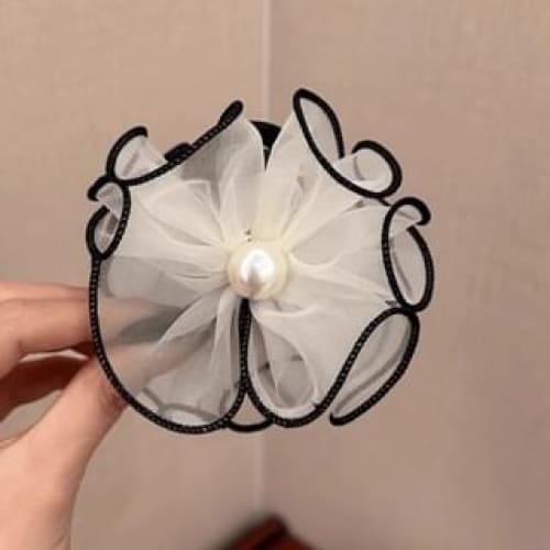 Faux Pearl Ruffle Trim Hair Tie - 01 - Faux Pearl & Flower