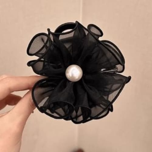 Faux Pearl Ruffle Trim Hair Tie - 02 - Faux Pearl & Flower