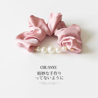 Faux Pearl Satin Hair Scrunchie - 01 - Pink / One Size