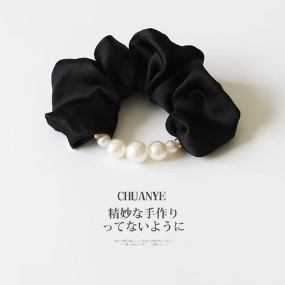 Faux Pearl Satin Hair Scrunchie - 03 - Black / One Size