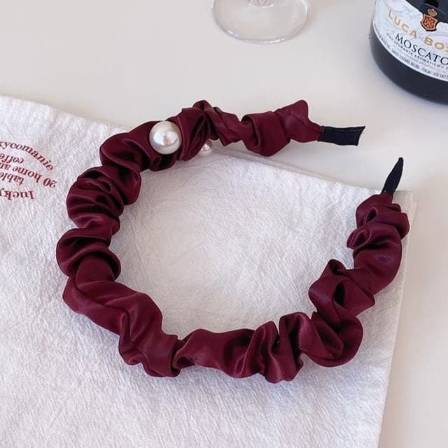 Faux Pearl Shirred Headband - 02 - Wine Red / One Size