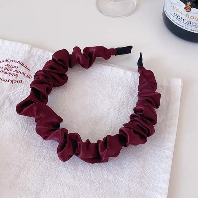 Faux Pearl Shirred Headband - 03 - Wine Red / One Size