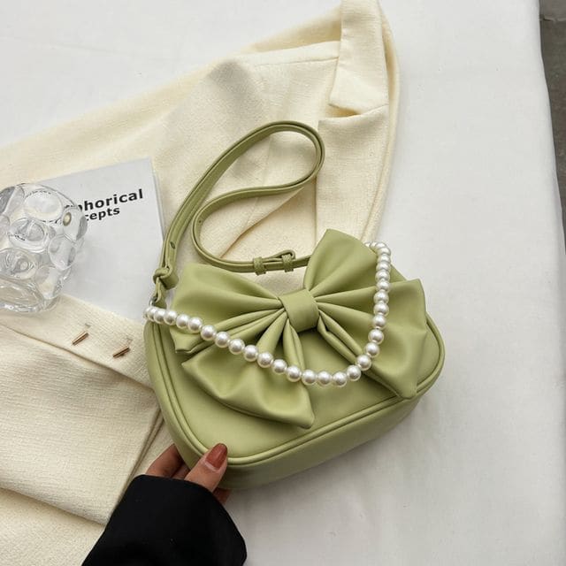 Faux Pearl Strap Bow Crossbody Bag - Green / One Size