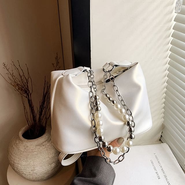 Faux Pearl Strap Chained Crossbody Bag - White / One Size