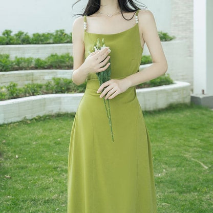 Faux Pearl Strap Plain Ruched Midi - Dress - Mustard Green