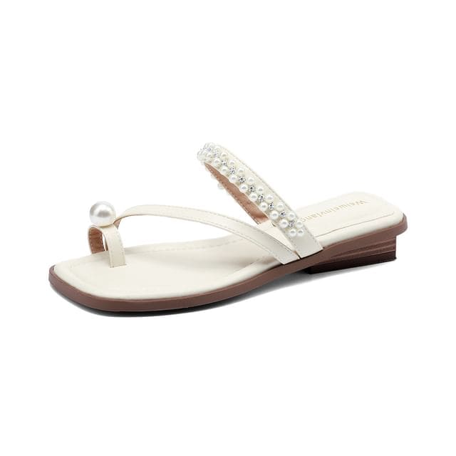 Faux Pearl Toe Loop Slide Sandals - Almond / 35