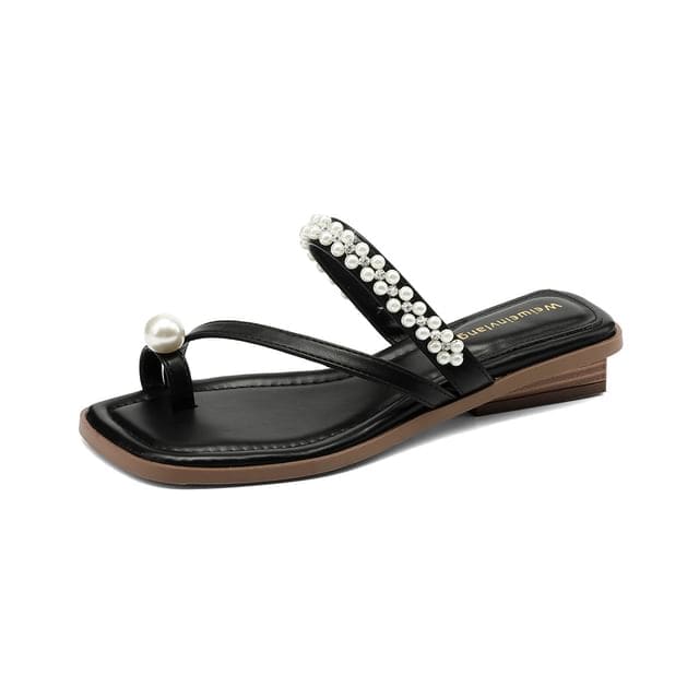 Faux Pearl Toe Loop Slide Sandals - Black / 35