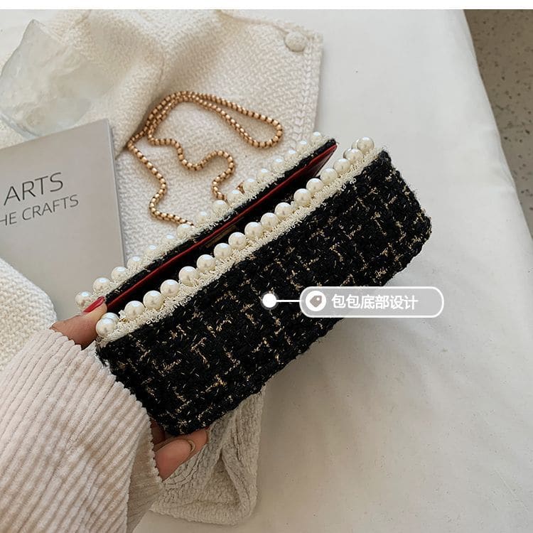 Faux Pearl Tweed Crossbody Bag