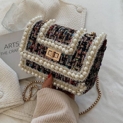 Faux Pearl Tweed Crossbody Bag