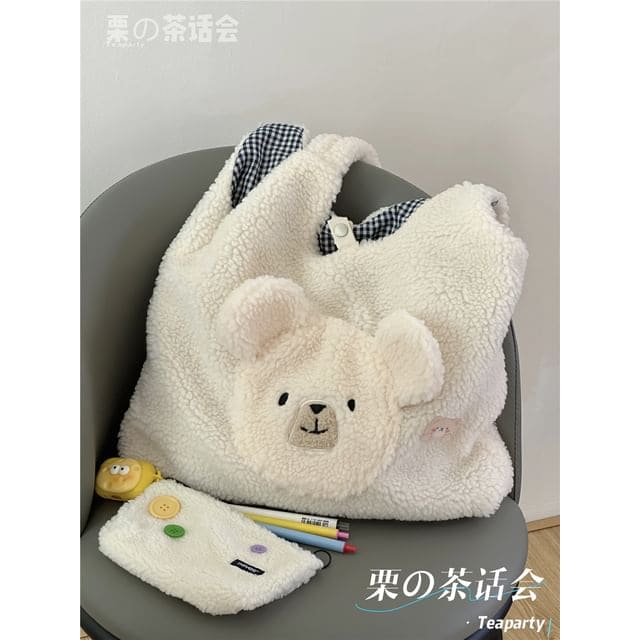 Faux Shearling Bear Tote Bag / Charm / Set - Without Bag