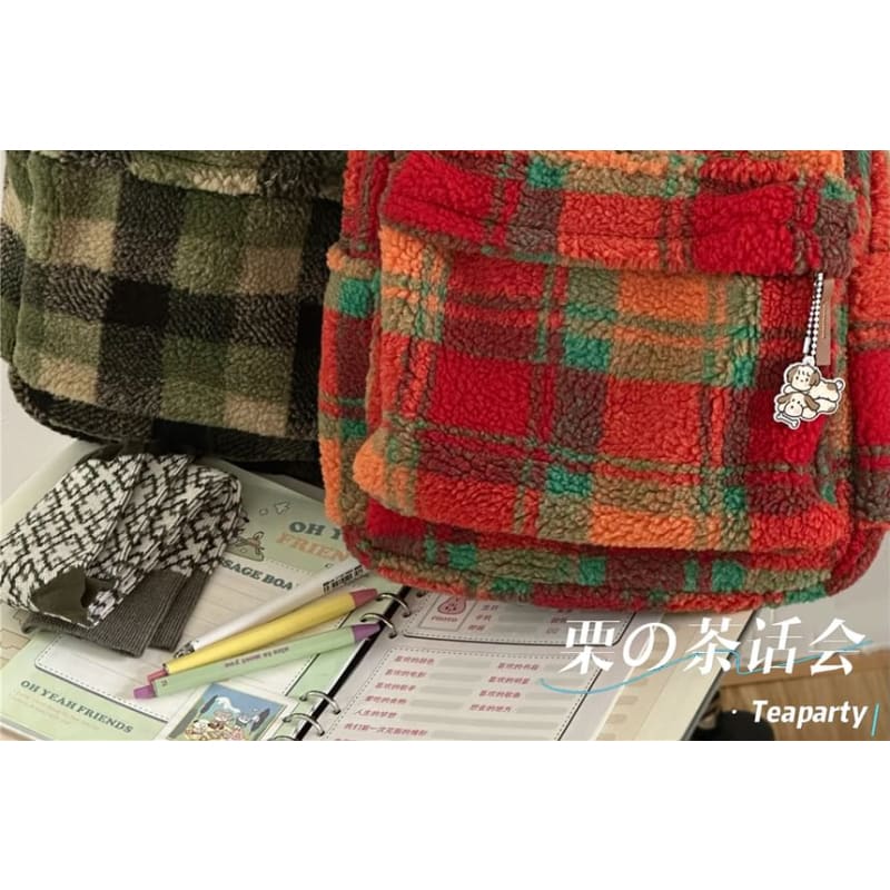 faux Shearling Plaid Backpack / Charm / Set