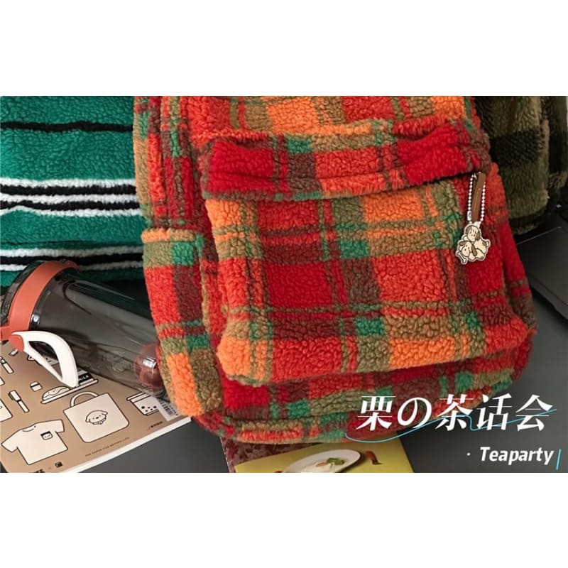 faux Shearling Plaid Backpack / Charm / Set