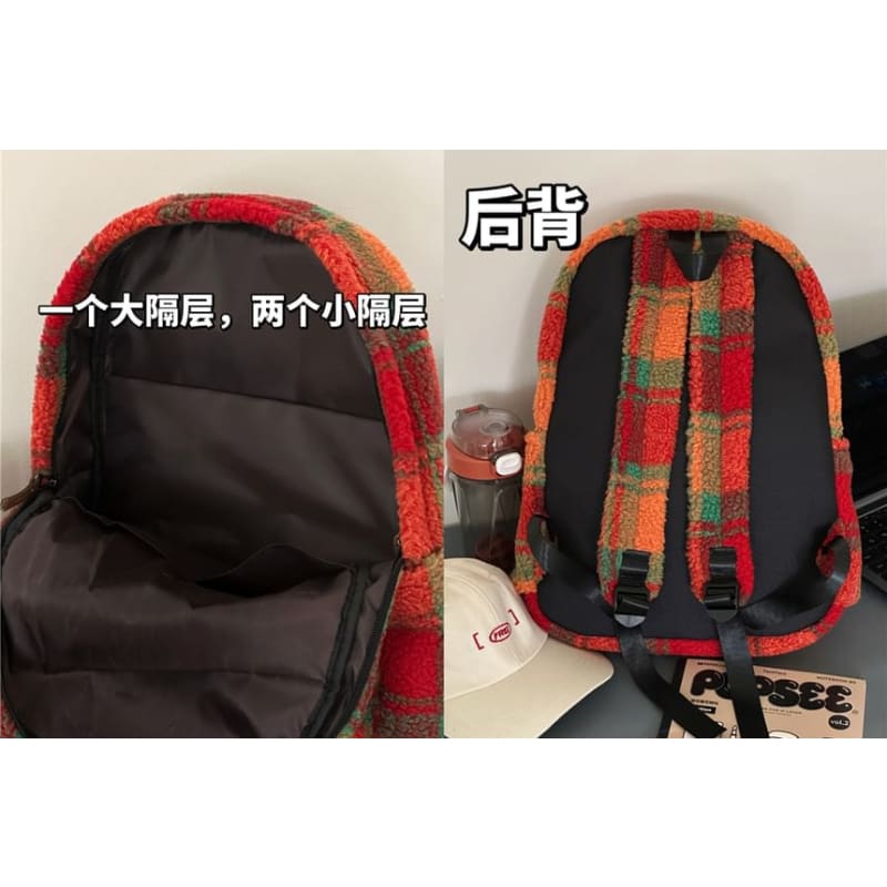 faux Shearling Plaid Backpack / Charm / Set