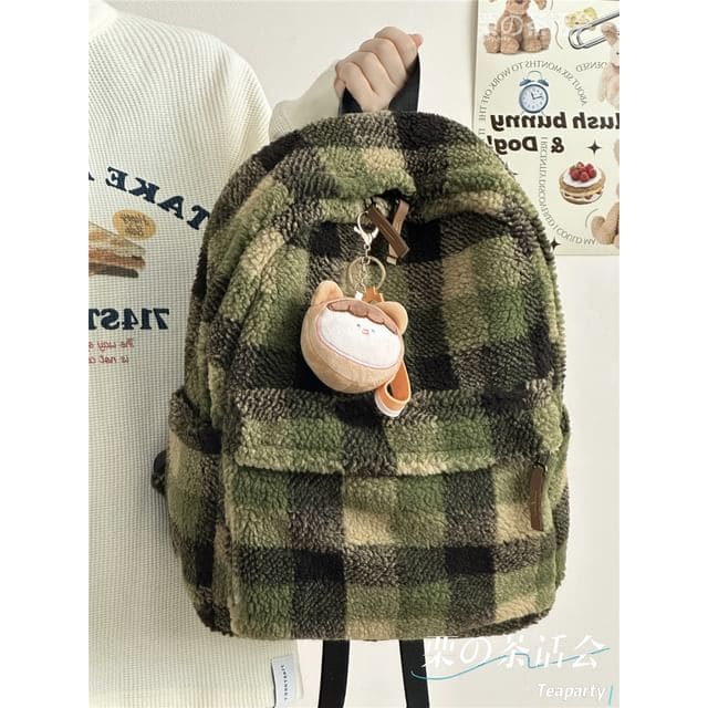 faux Shearling Plaid Backpack / Charm / Set - With Bear