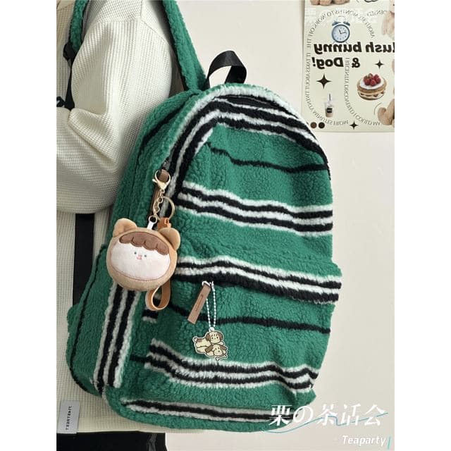 faux Shearling Plaid Backpack / Charm / Set - With Bear