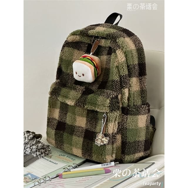 faux Shearling Plaid Backpack / Charm / Set - With Sandwich