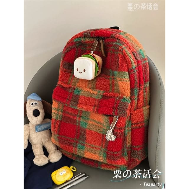 faux Shearling Plaid Backpack / Charm / Set - With Sandwich