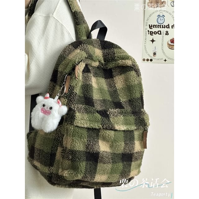 faux Shearling Plaid Backpack / Charm / Set - With White